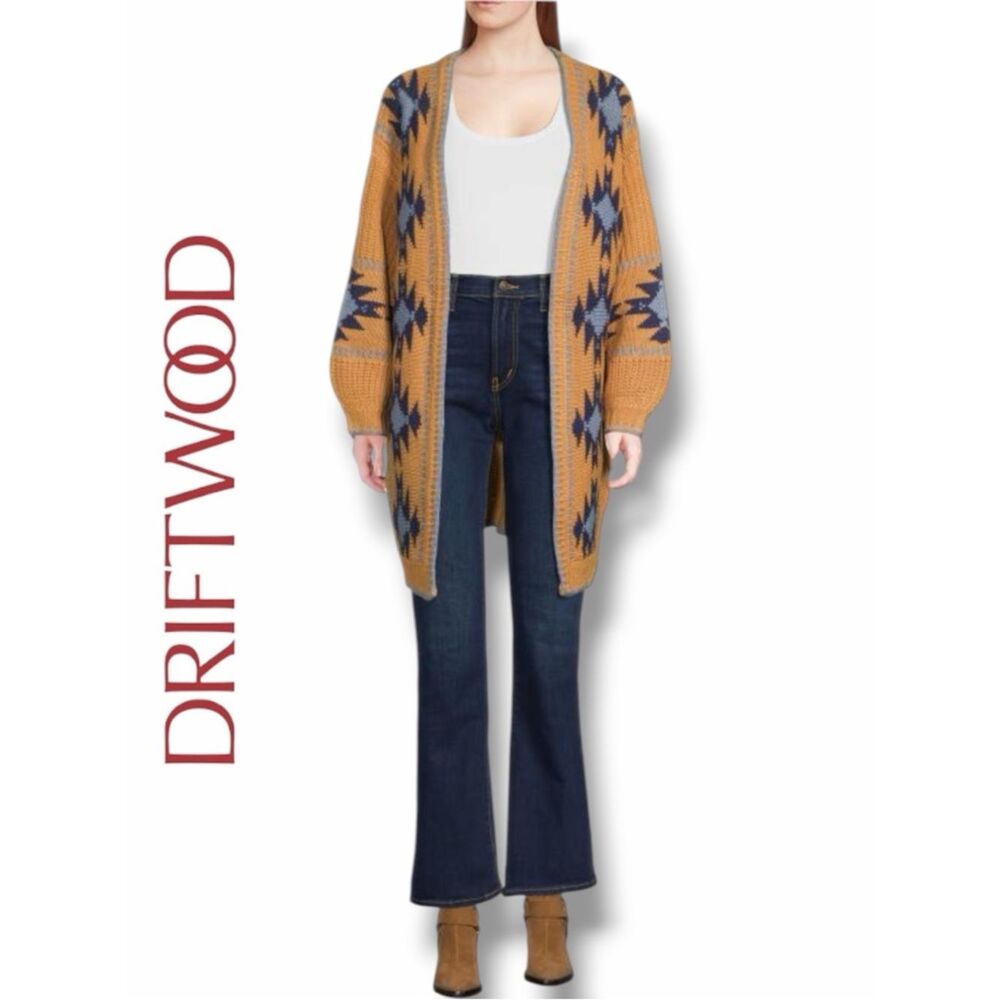DRIFTWOOD Women's Aztec Mustard and Navy Geometric Open-Front Knit Cardigan in L